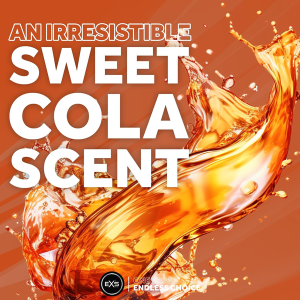 Promotional graphic featuring dynamic splashing cola liquid against a warm brown-orange background. Bold text overlay reads "AN IRRESISTIBLE SWEET COLA SCENT".