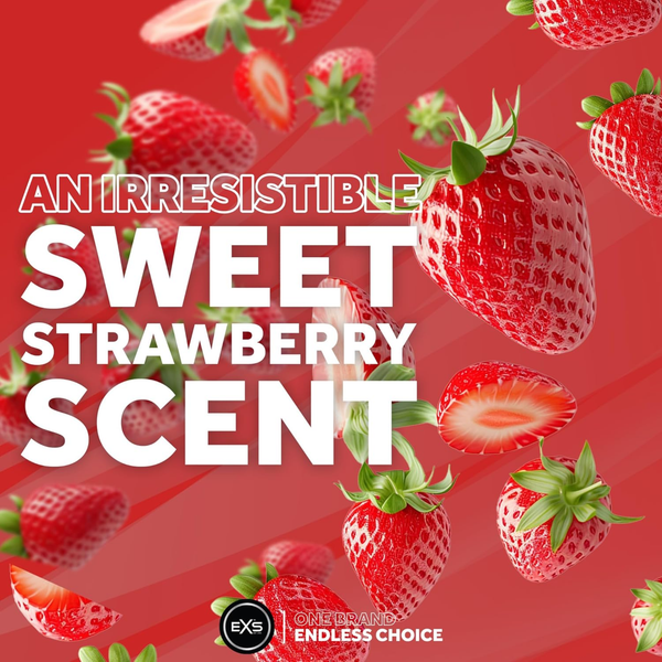Promotional graphic featuring dynamic floating fresh whole strawberries and slices against a red background. Bold text overlay reads "AN IRRESISTIBLE SWEET STRAWBERRY SCENT".