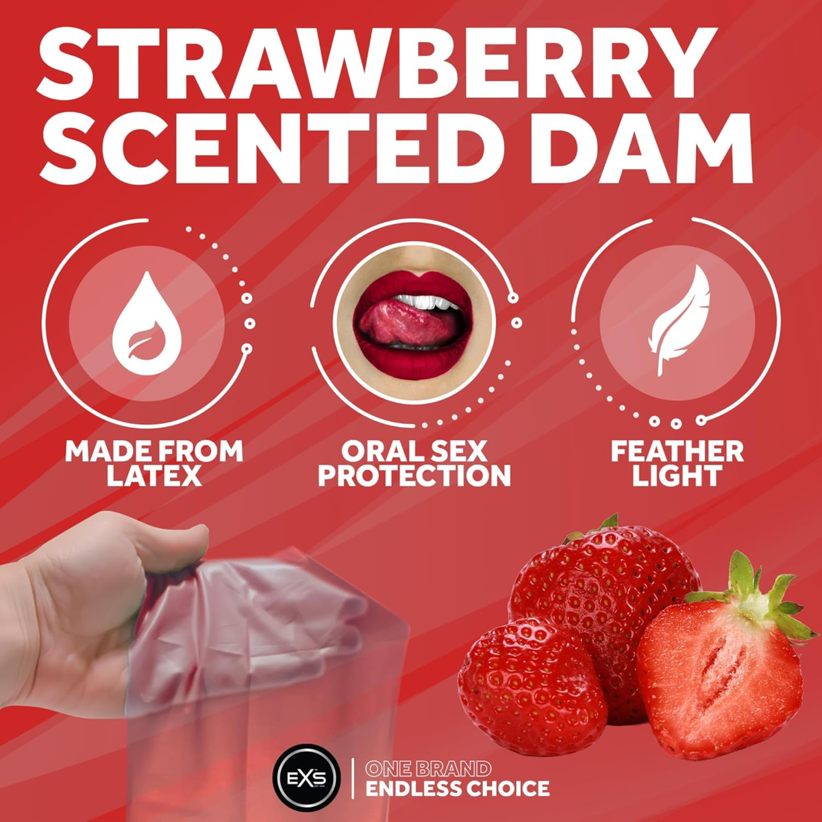 Product feature infographic set against a red background detailing the Strawberry Scented Dam. Three circular icons indicate latex construction, oral sex protection, and feather-light feel, accompanied by a hand holding a pink latex dam and fresh strawberries.