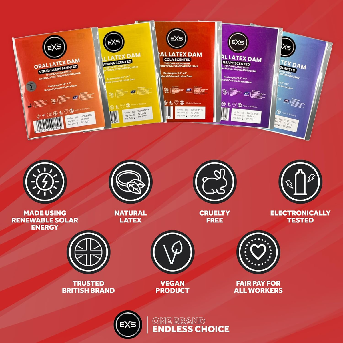 Infographic set against a red background featuring five EXS Oral Latex Dam varieties—Strawberry, Banana, Cola, Grape, and Vanilla—above seven brand value icons highlighting solar energy manufacturing, natural latex, cruelty-free certification, electronic testing, British branding, vegan formula, and fair pay.