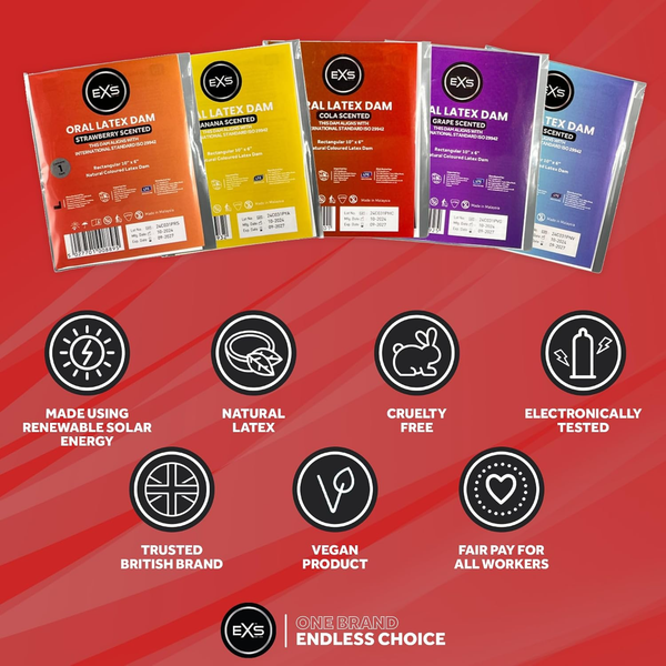 Infographic set against a red background featuring five EXS Oral Latex Dam varieties—Strawberry, Banana, Cola, Grape, and Vanilla—above seven brand value icons highlighting solar energy manufacturing, natural latex, cruelty-free certification, electronic testing, British branding, vegan formula, and fair pay.