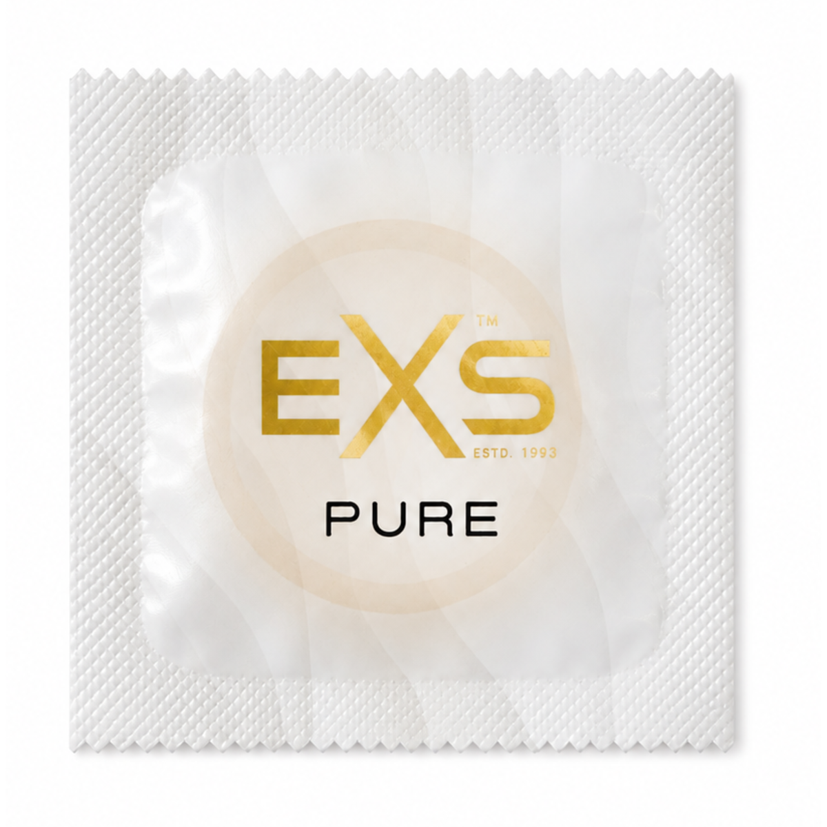 Close-up front view of a single semi-translucent white EXS Pure condom foil wrapper featuring gold lettering for the EXS logo and the word "PURE" written below.