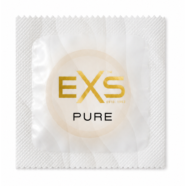 Close-up front view of a single semi-translucent white EXS Pure condom foil wrapper featuring gold lettering for the EXS logo and the word "PURE" written below.