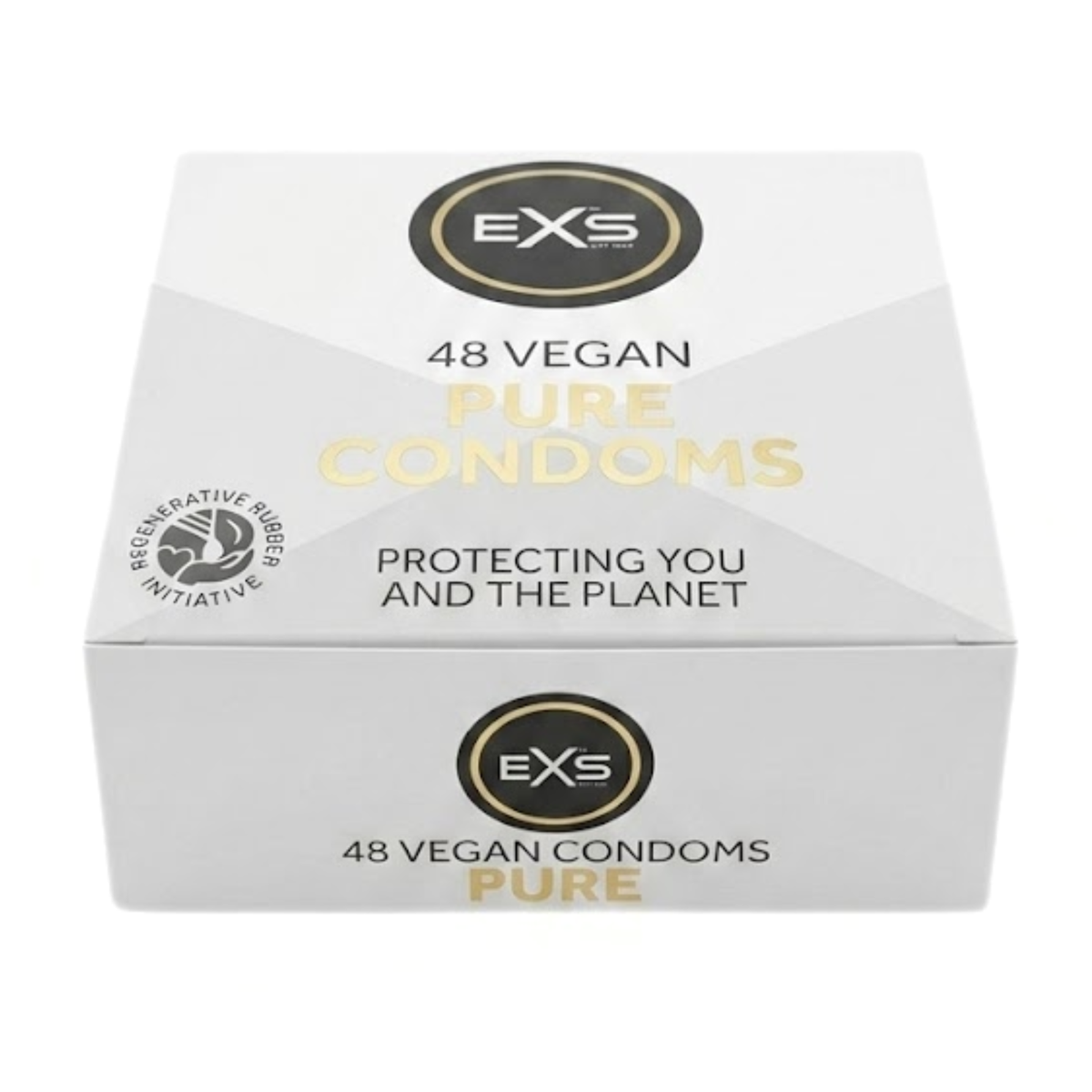 Studio product shot of a white and gray EXS Pure 48-pack box seen from a front high-angle view, featuring gold lettering for "Pure Condoms" and the Regenerative Rubber Initiative logo. Imagen principal del producto