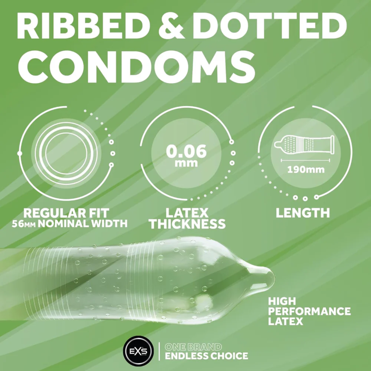 Studio product shot showing the bright green bulk box of EXS 48 Vegan Ribbed & Dotted Condoms standing at a three-quarter angle against a white background.
