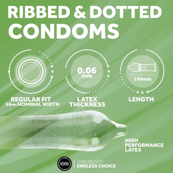 Studio product shot showing the bright green bulk box of EXS 48 Vegan Ribbed & Dotted Condoms standing at a three-quarter angle against a white background.