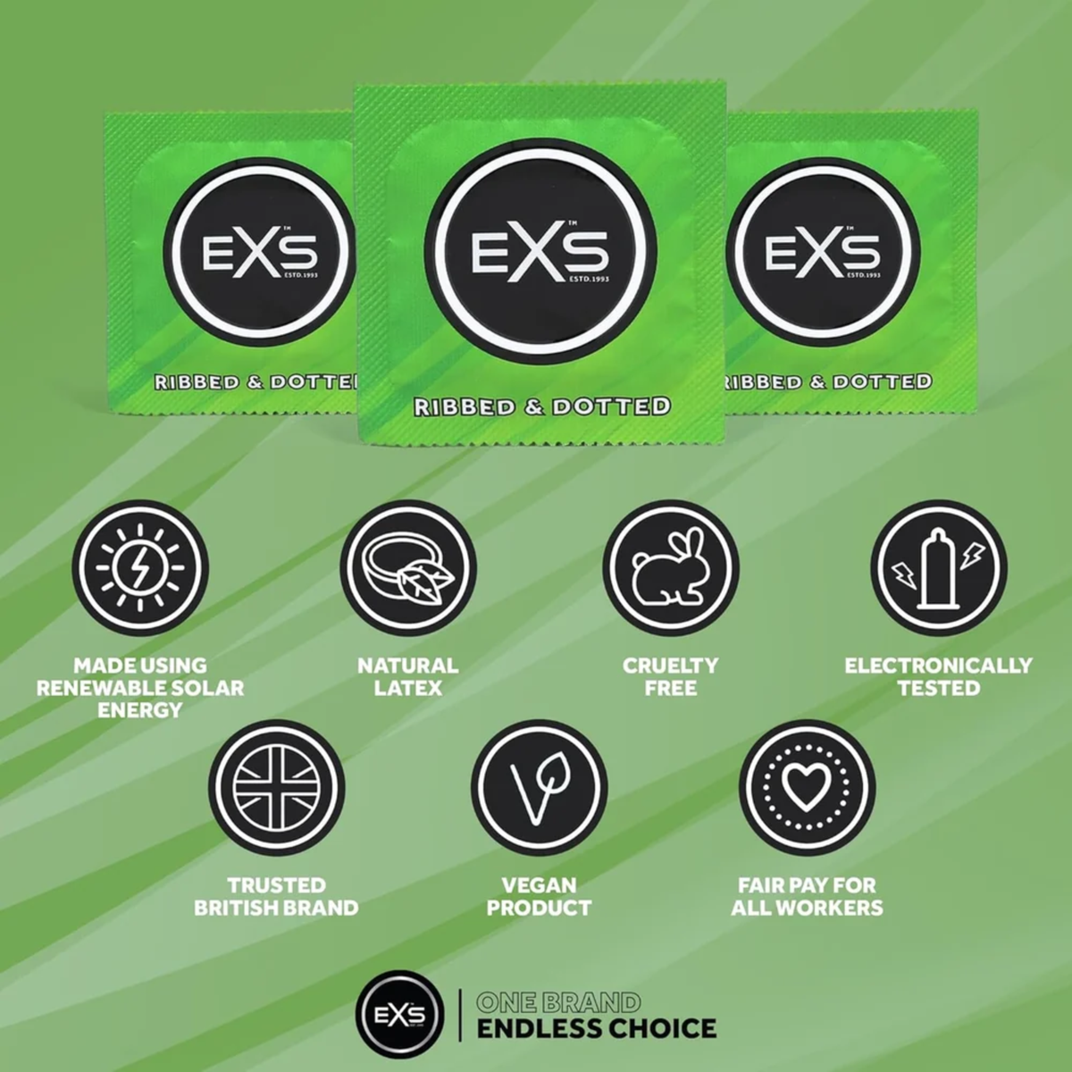 An infographic set against a light green background detailing product features above three green EXS Ribbed & Dotted condom foil wrappers. Feature icons highlight solar energy manufacturing, natural latex, cruelty-free certification, electronic testing, British branding, vegan formula, and fair pay practices.
