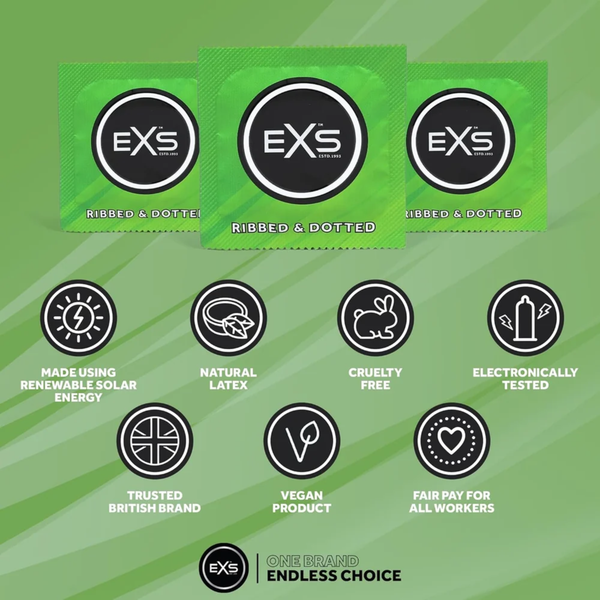 An infographic set against a light green background detailing product features above three green EXS Ribbed & Dotted condom foil wrappers. Feature icons highlight solar energy manufacturing, natural latex, cruelty-free certification, electronic testing, British branding, vegan formula, and fair pay practices.