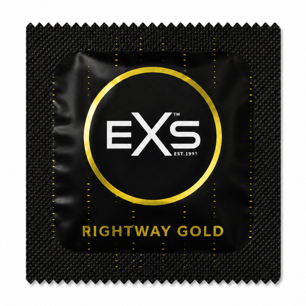 Front view of a single black and gold EXS Rightway Gold condom foil wrapper centered against a plain white background.