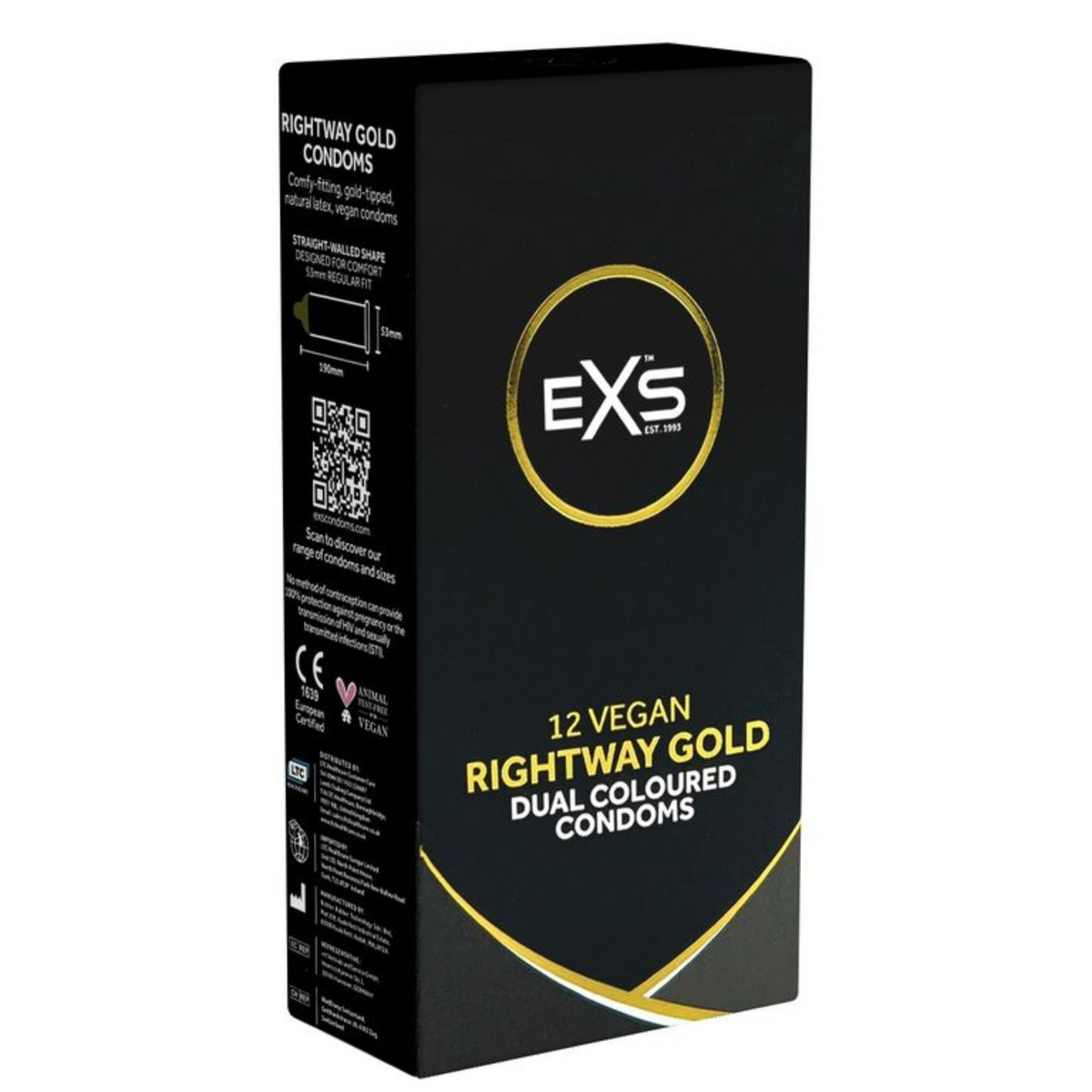 Side view of the black and gold retail box for EXS Rightway Gold Dual Colored Condoms, showing product details including the straight-walled shape, dimensions (53mm regular fit), CE mark, and the vegan logo.