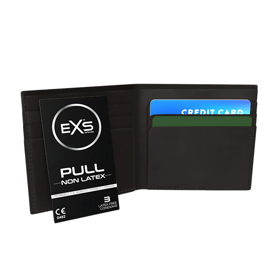 Black EXS condom packaging with a visible credit card slot on a white background