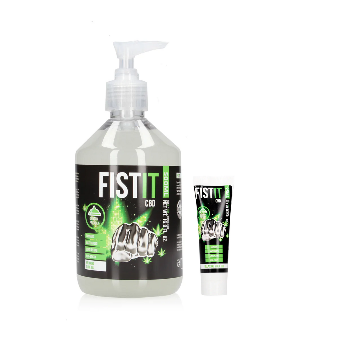 An image of two products that are labeled FISTIT CBD Water-Based. The larger item on the left is a clear, plastic pump bottle containing a transparent gel.  The smaller item on the right is a small, squeeze tube. The background is solid white. Imagen principal del producto