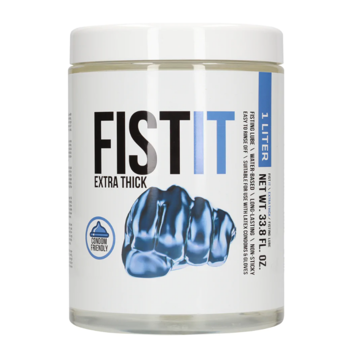 Front view of the FISTIT Extra Thick water-based lubricant in a large, clear 1 Liter / 33.8 fl.oz jar with a white lid.