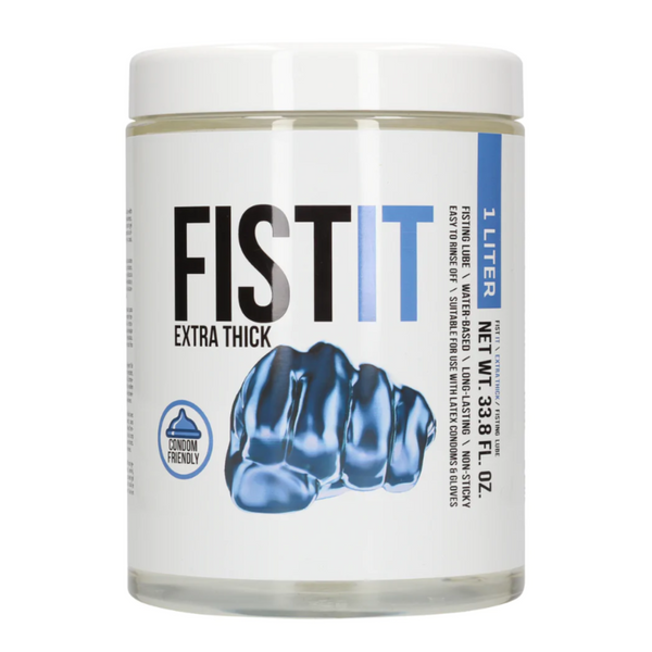 Front view of the FISTIT Extra Thick water-based lubricant in a large, clear 1 Liter / 33.8 fl.oz jar with a white lid.