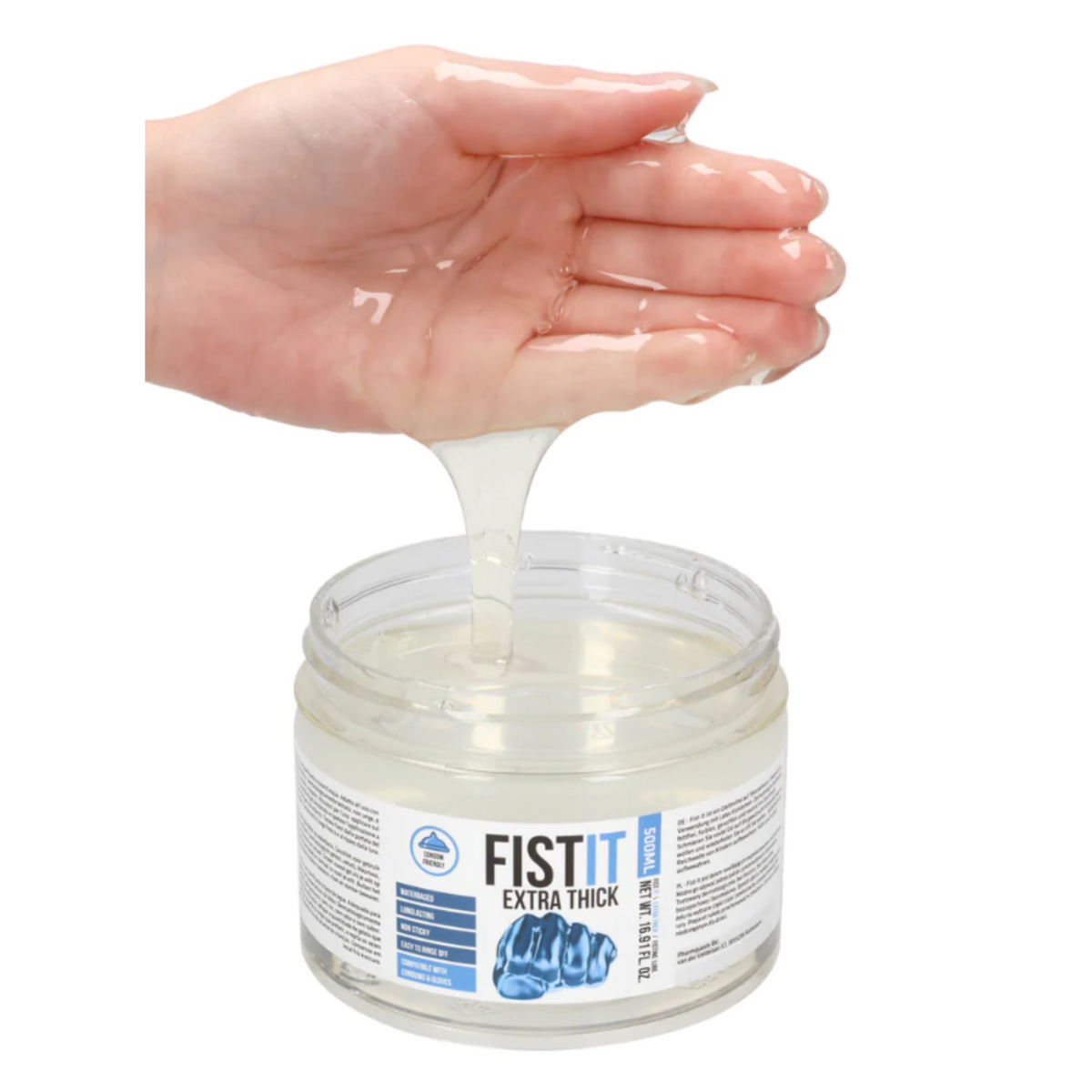 A hand scooping out the clear, extra thick water-based lubricant from the 500ml jar, showing its consistency.