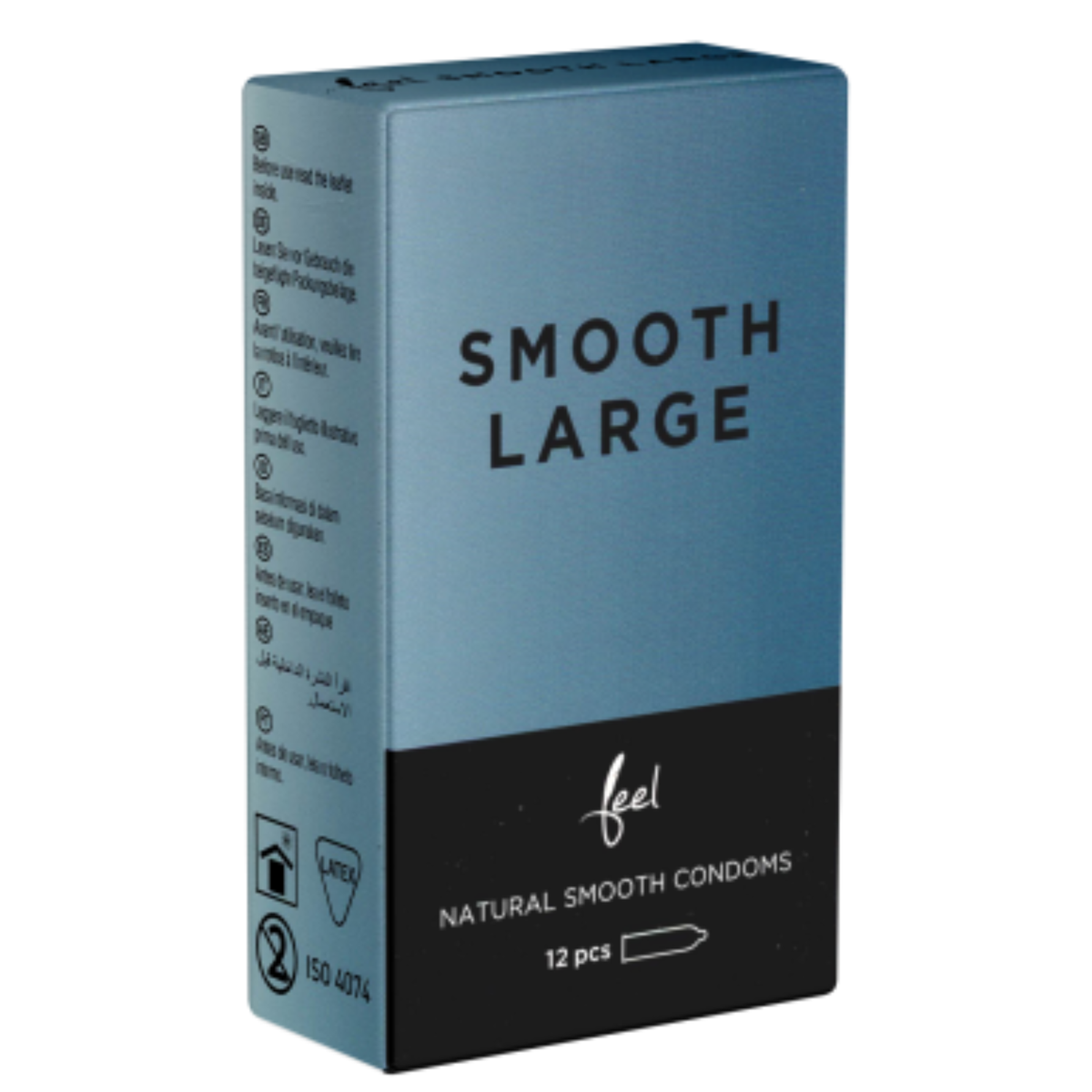Studio product shot of the Feel Smooth Large Condoms 12-pack box standing upright at a three-quarter angle against a white background, featuring a muted slate blue upper half and a black base with white branding. Imagen principal del producto