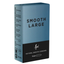 Studio product shot of the Feel Smooth Large Condoms 12-pack box standing upright at a three-quarter angle against a white background, featuring a muted slate blue upper half and a black base with white branding.