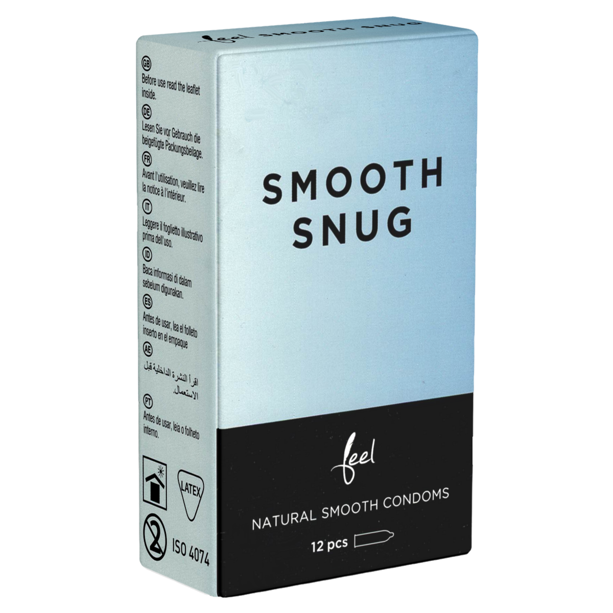 Studio product shot of the Feel Smooth Snug Condoms 12-pack box standing upright at a three-quarter angle against a white background, featuring a light powder blue upper half and a black base with white branding. Imagen principal del producto