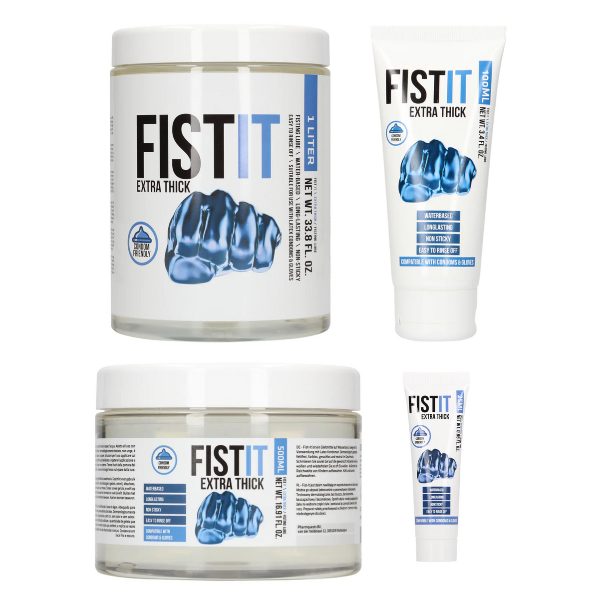 A compilation image showing four different sizes of FISTIT Extra Thick water-based lubricant: the 1 Liter jar, the 100ml tube, the 500ml jar, and the 25ml tube. Imagen principal del producto