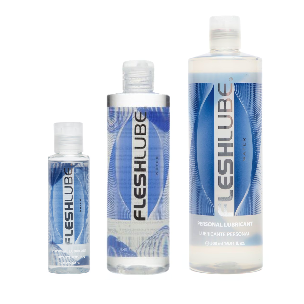 Three Fleshlight Fleshlube Water-based Lubricants side by side: 100ml, 250ml and 500ml in the white background. Imagen principal del producto