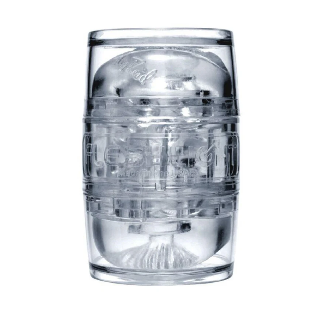 Upright, vertical view of the clear Riley Reid Fleshlight Quickshot masturbator.