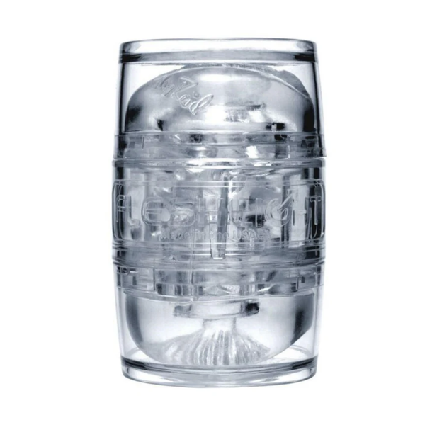 Upright, vertical view of the clear Riley Reid Fleshlight Quickshot masturbator.