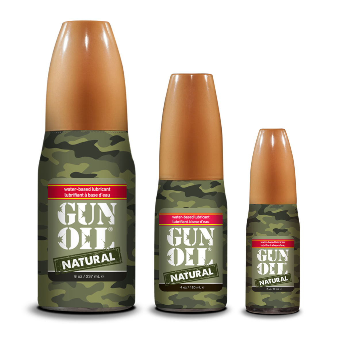 An image of GUN OIL Natural Water-based lubricant in 59ml, 120ml and 237ml in a white background. Imagen principal del producto