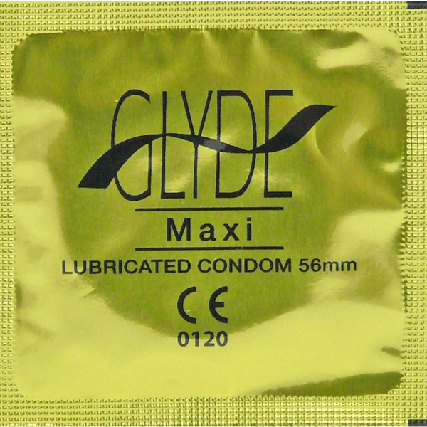 A close-up of a single Glyde Maxi condom wrapper. The wrapper is gold. The word "GLYDE" is written in black capital letters. Below it, the word "Maxi" is written in black. The wrapper also states "LUBRICATED CONDOM 56mm" and has the "CE 0120" mark.
