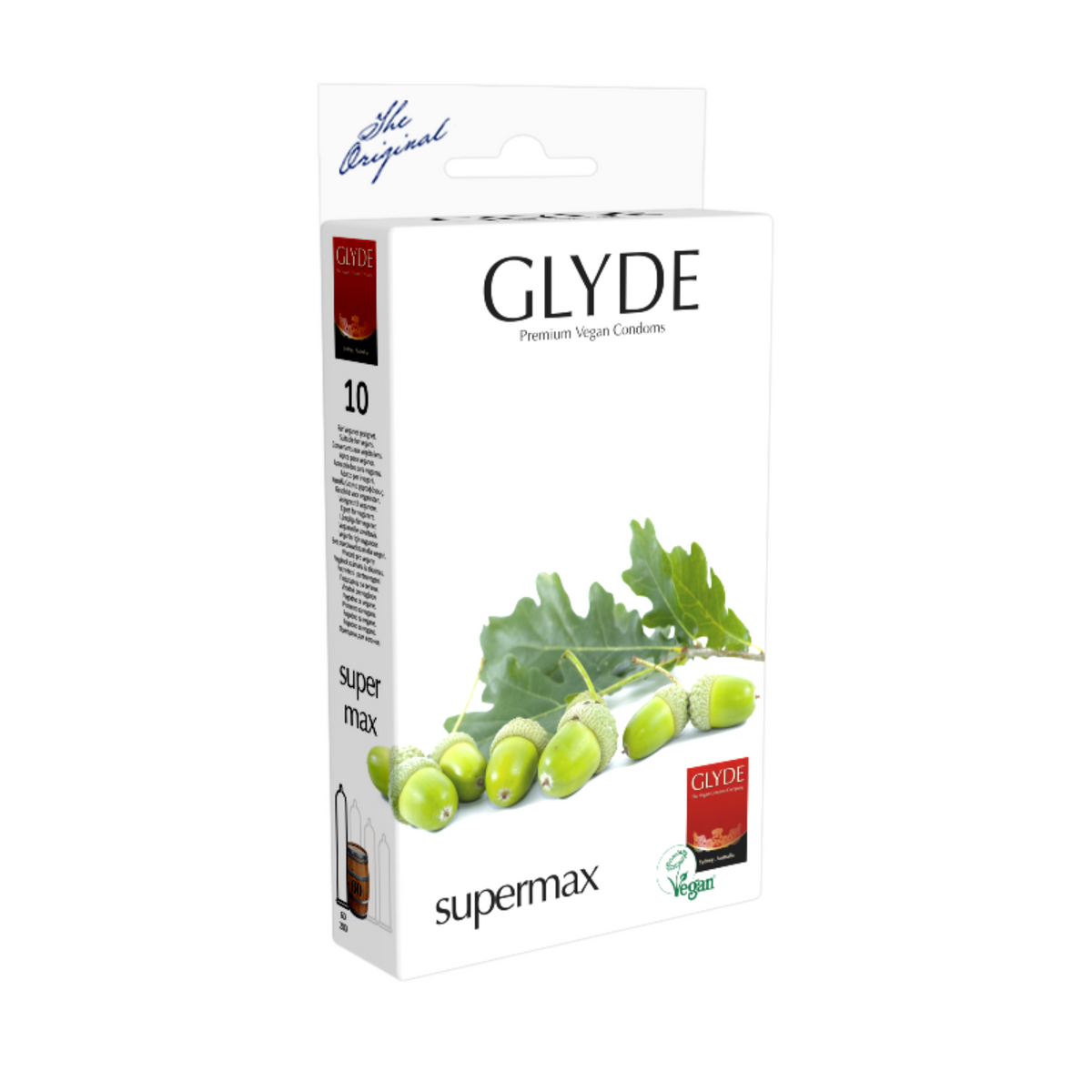 A box of Glyde SuperMax condoms. The box is white, with a sprig of green oak leaves and acorns across the bottom. The words "GLYDE Premium Vegan Condoms" are written in black capital letters near the top. The words "supermax" are written in smaller black letters below the acorns. The side of the box indicates it contains 10 condoms.  Imagen principal del producto