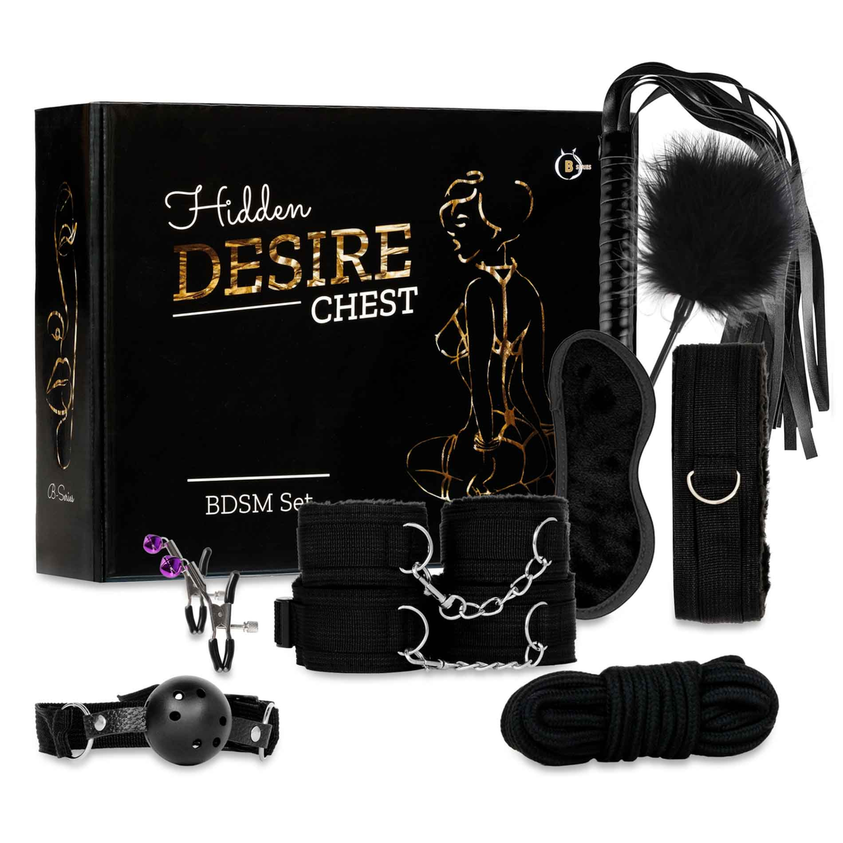 Hidden Desire Chest BDSM Set set in black box with line art, showing all accessories in the white background. Imagen principal del producto
