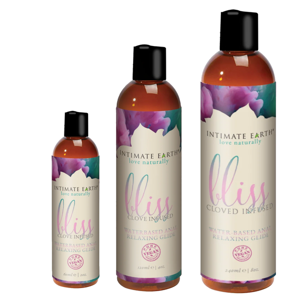Size comparison view showing three amber bottles of Intimate Earth Bliss anal relaxing glide standing side by side in 60 ml (2 fl oz), 120 ml (4 fl oz), and 240 ml (8 fl oz) capacities.