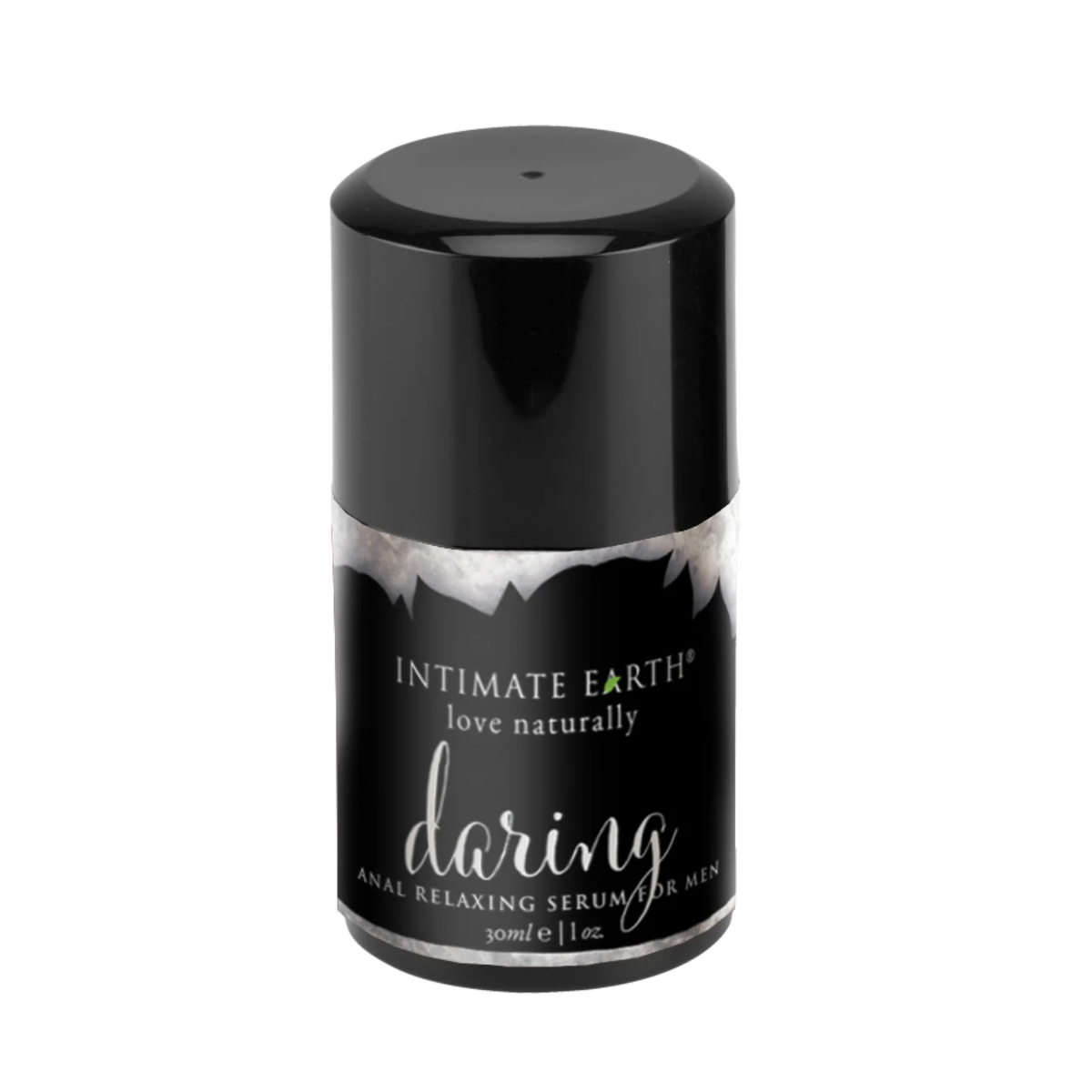 Isolated product view of the compact 30 ml (1 fl oz) Intimate Earth Daring anal relaxing serum pump bottle for men, featuring a black overcap and dark marble-accented label.