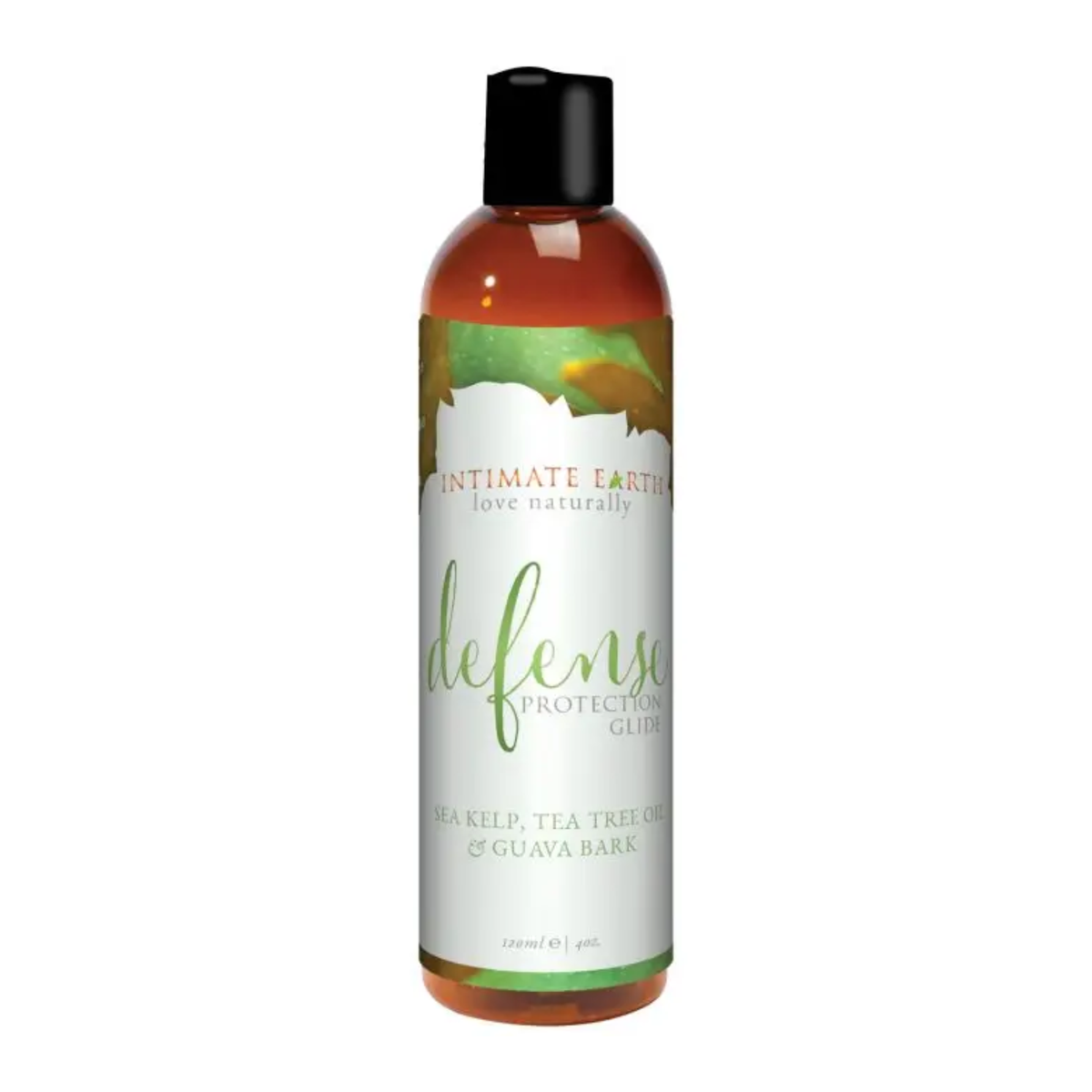 Front product view of the medium 120 ml (4 fl oz) amber bottle of Intimate Earth Defense protection glide.