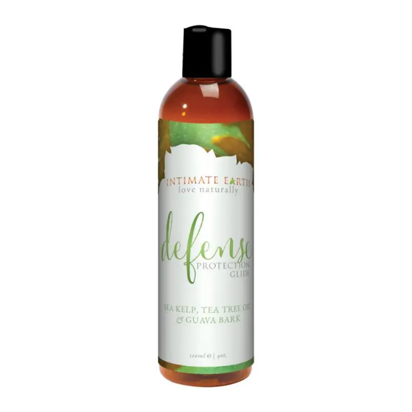 Front product view of the medium 120 ml (4 fl oz) amber bottle of Intimate Earth Defense protection glide.