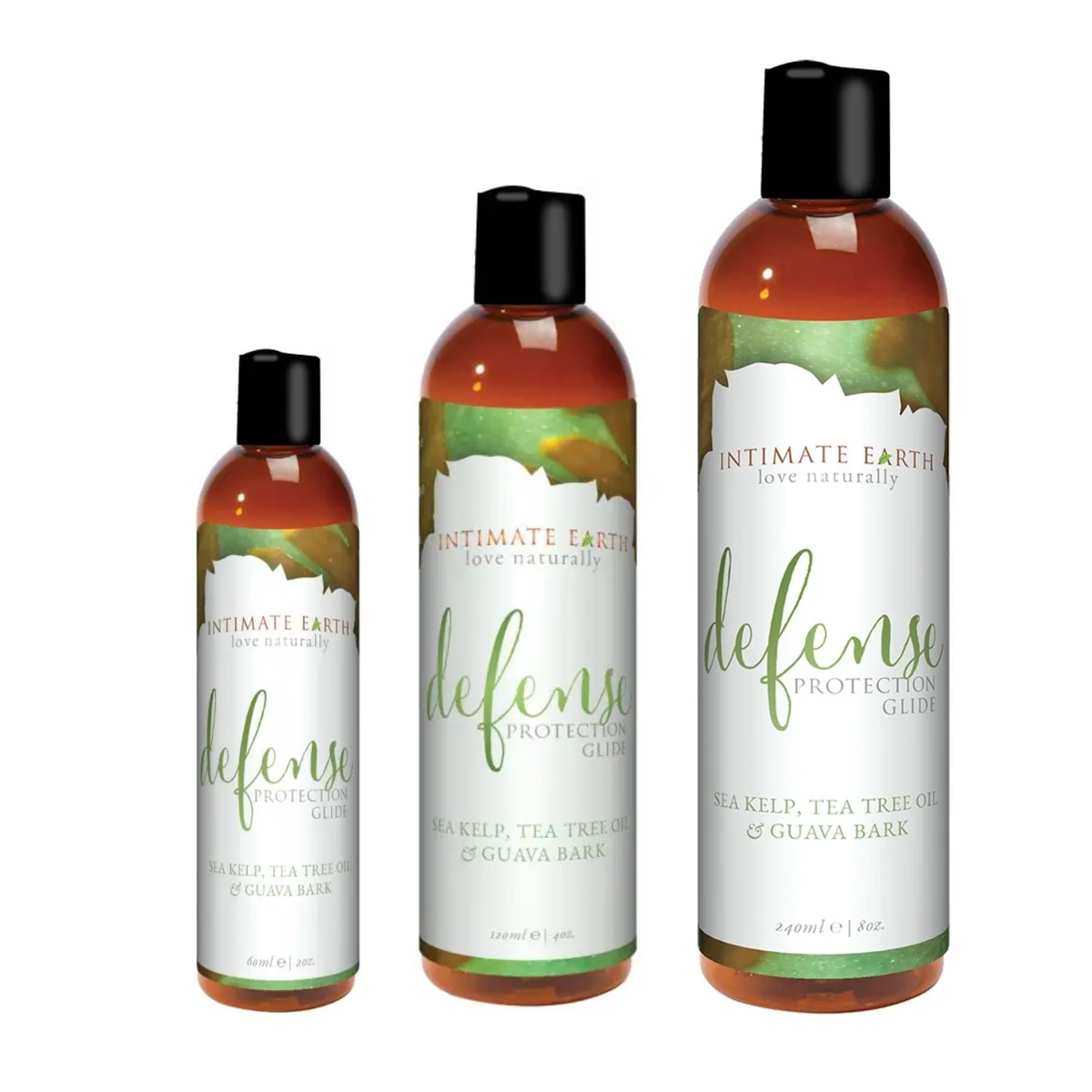 Size comparison view showing three amber bottles of Intimate Earth Defense protection glide standing side by side in 60 ml (2 fl oz), 120 ml (4 fl oz), and 240 ml (8 fl oz) capacities.