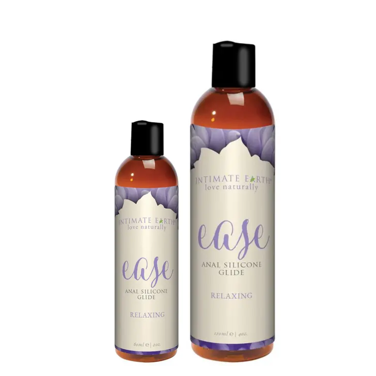 Size comparison view showing two amber bottles of Intimate Earth Ease relaxing anal silicone glide standing side by side in 60 ml (2 fl oz) and 120 ml (4 fl oz) capacities. Imagen principal del producto