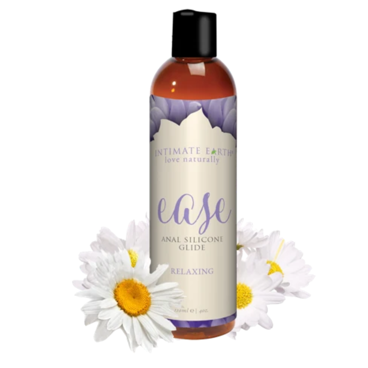 Nature-inspired product display showing the 120 ml (4 fl oz) amber bottle of Intimate Earth Ease relaxing anal silicone glide surrounded by white daisy flowers.