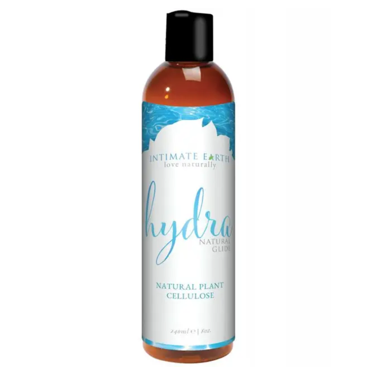 Direct studio view of the large 240 ml (8 fl oz) amber bottle of Intimate Earth Hydra natural glide with water-graphic blue label and black disc cap.