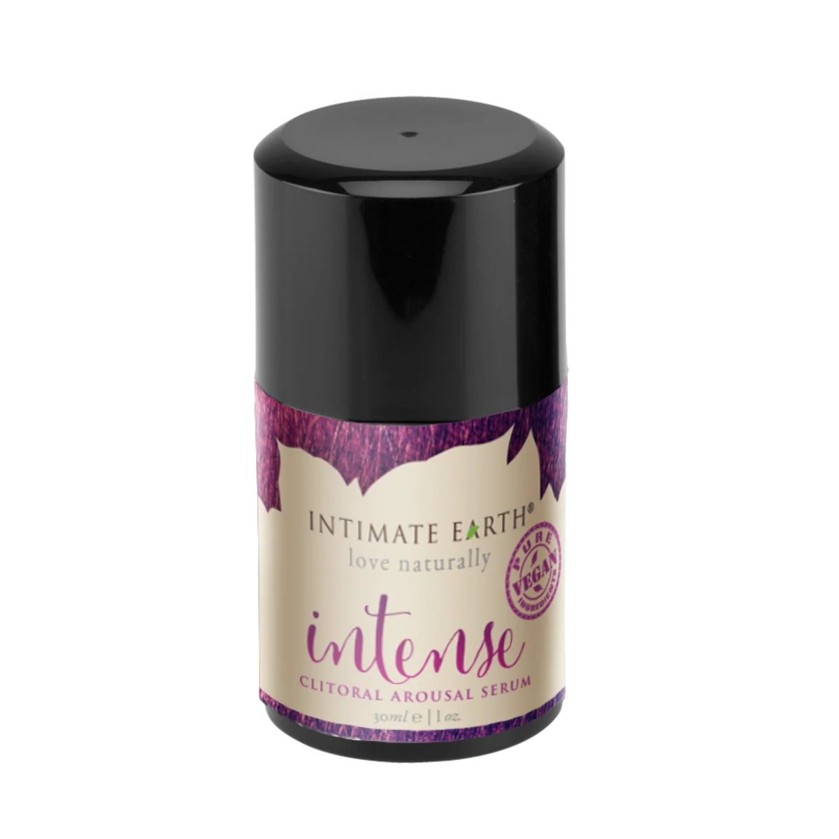 Isolated product view of the compact 30 ml (1 fl oz) Intimate Earth Intense clitoral arousal serum pump bottle, featuring a black overcap, purple-accented label, and pure vegan seal. Imagen principal del producto