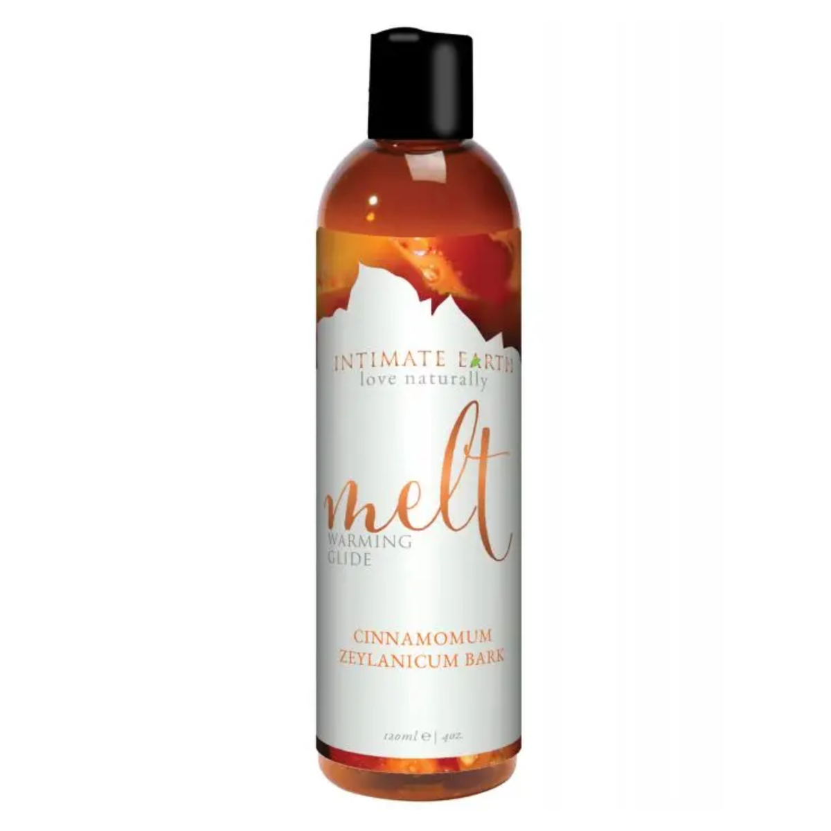Direct studio shot of the 120 ml (4 fl oz) amber bottle of Intimate Earth Melt warming glide featuring Cinnamomum Zeylanicum bark extract and a black disc cap.