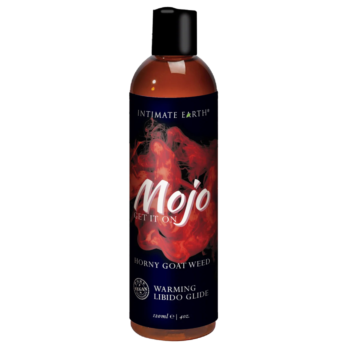Direct studio shot of the 120 ml (4 fl oz) amber bottle of Intimate Earth Mojo warming libido glide featuring horny goat weed extract, a black-and-red smoke effect label, and a black disc cap. Imagen principal del producto