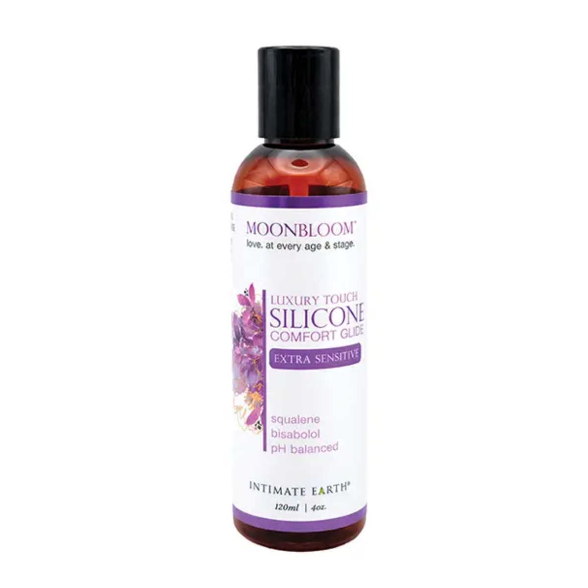Front studio view of the 120 ml (4 fl oz) amber bottle of Intimate Earth Moon Bloom luxury touch silicone comfort glide for extra sensitive skin, highlighting squalene and bisabolol ingredients.
