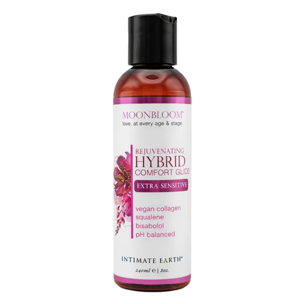 Direct studio shot of the large 240 ml (8 fl oz) amber bottle of Intimate Earth Moon Bloom extra sensitive hybrid comfort glide with a black disc cap.