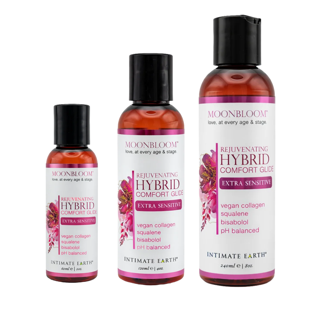 Size comparison view showing three amber bottles of Intimate Earth Moon Bloom hybrid comfort glide standing side by side in 60 ml (2 fl oz), 120 ml (4 fl oz), and 240 ml (8 fl oz) capacities.