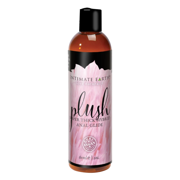 Front product view of the travel-sized 60 ml (2 fl oz) amber bottle of Intimate Earth Plush super thick hybrid anal glide featuring the pure vegan certification seal.