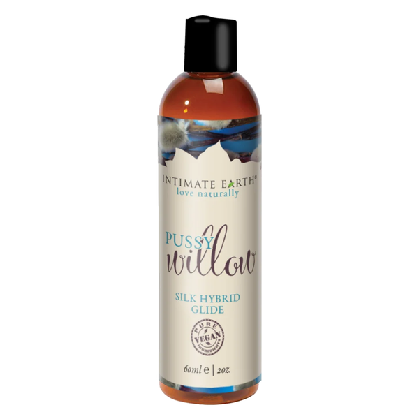 Front product view of the compact 60 ml (2 fl oz) amber bottle of Intimate Earth Pussy Willow silk hybrid glide displaying the pure vegan ingredients seal.
