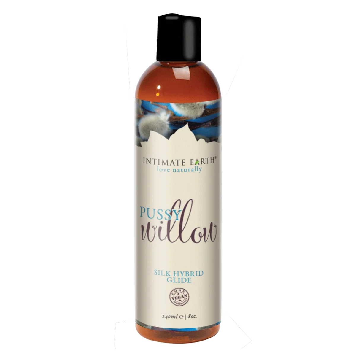 Front studio view of the large 240 ml (8 fl oz) amber bottle of Intimate Earth Pussy Willow silk hybrid glide, featuring pussy willow branch artwork and a black disc cap.
