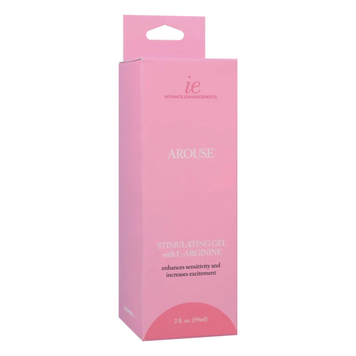 Perspective view of the light pink hanging retail box for Intimate Enhancements Arouse Stimulating Gel with L-Arginine, displaying key benefit claims ("enhances sensitivity and increases excitement") and 2 fl oz (59ml) volume branding. Imagen principal del producto