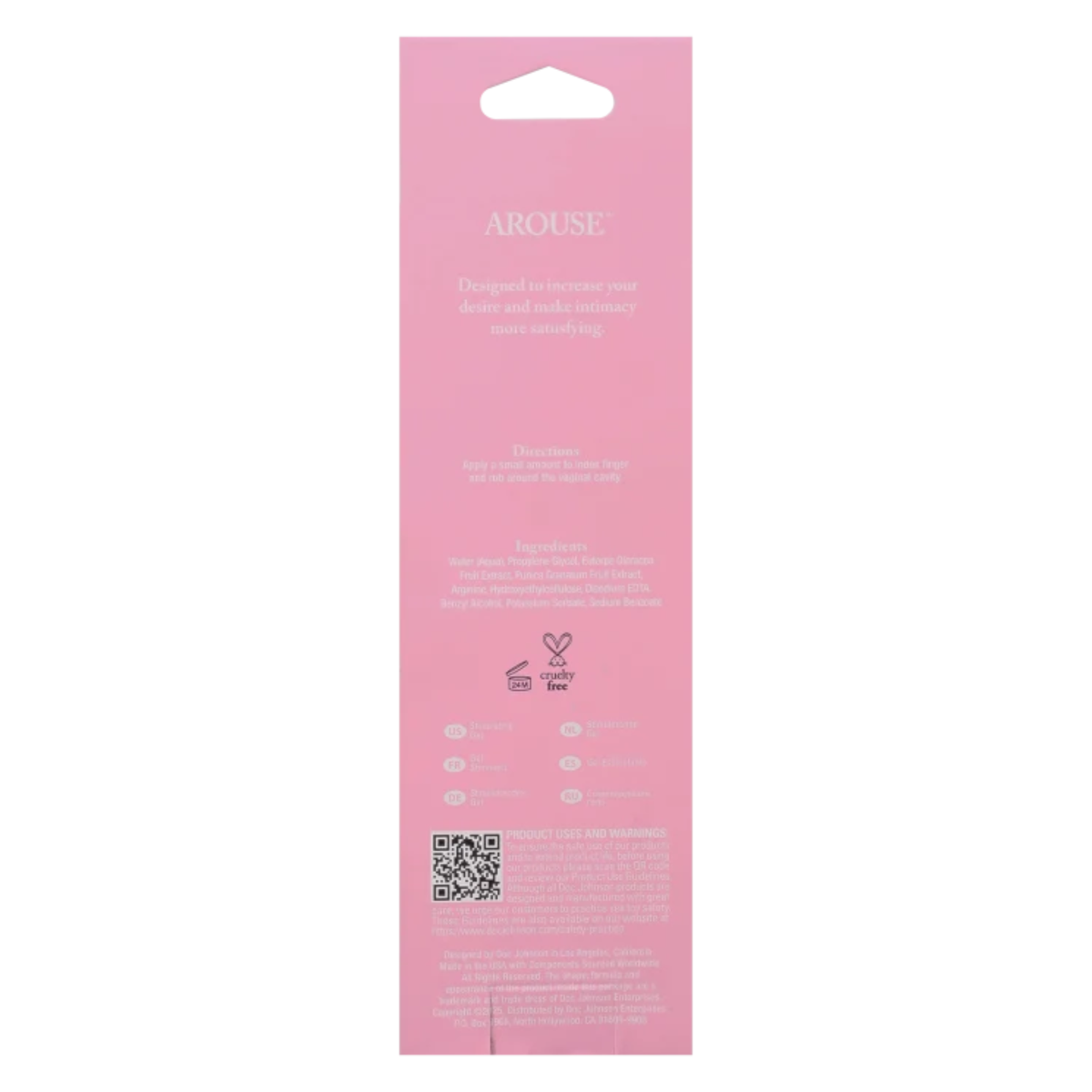 Back panel view of the pink retail box detailing product purpose ("Designed to increase your desire and make intimacy more satisfying"), directions, ingredients list, cruelty-free icon, multi-language callouts, and QR code.