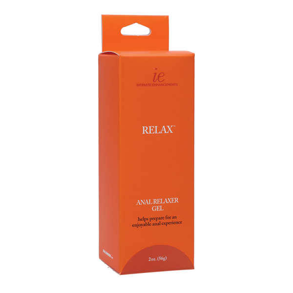 Studio view of the orange hanging retail box for Intimate Enhancements Relax Anal Relaxer Gel, featuring 2 oz (56g) volume branding and core product claims.